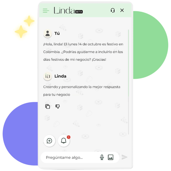 Interfaz de chat con Linda IA donde un usuario solicita agregar un día festivo a su negocio en Colombia