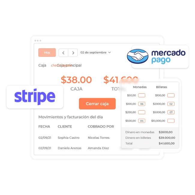 Panel de cierre de caja de un negocio con desglose de movimientos, facturación del día, conteo de monedas y billetes, e integración con plataformas de pago como Stripe y Mercado Pago.