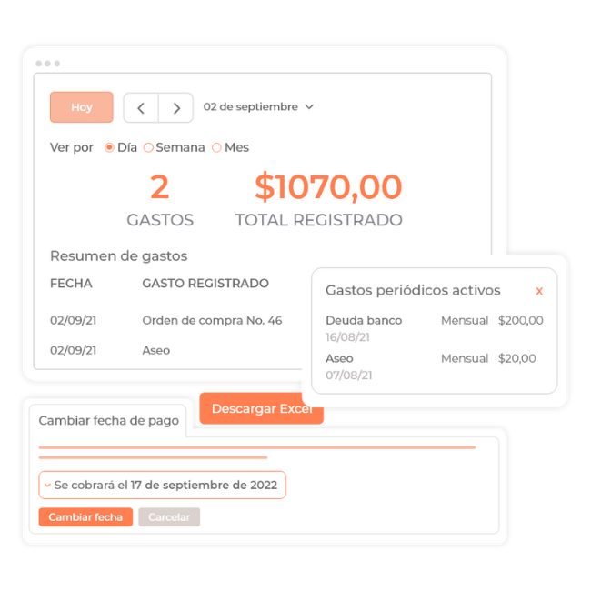Panel de control de gastos de un negocio mostrando el total registrado, resumen de gastos por fecha, lista de gastos periódicos activos como deuda bancaria y aseo, y opciones para cambiar fecha de pago o descargar reporte en Excel.